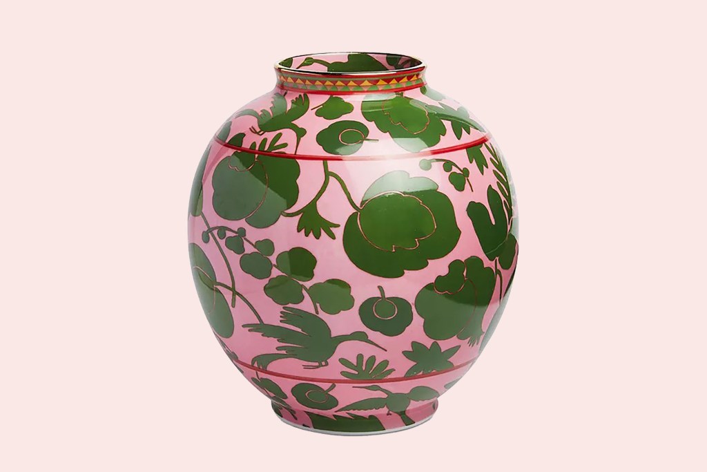 Image of a pink vase with green flowers