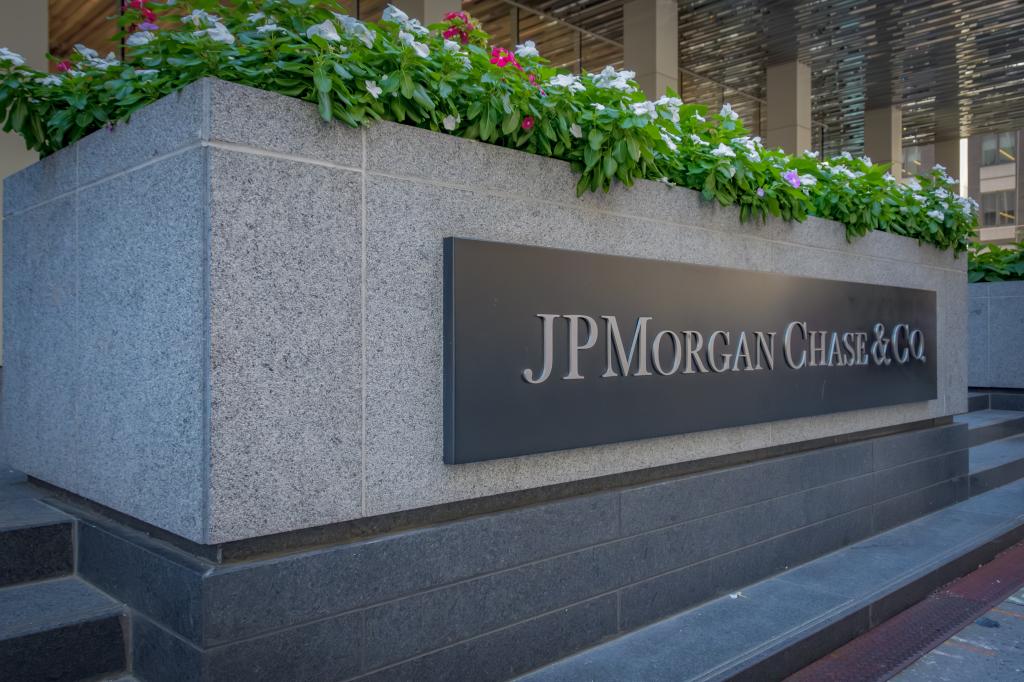 Marquee sign at the main entrance of JPMorgan Chase headquarters in Manhattan, New York