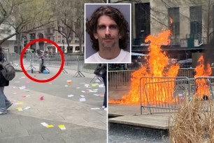 Max Azzarello in a collage, who set himself on fire outside the Trump trial courthouse in Manhattan