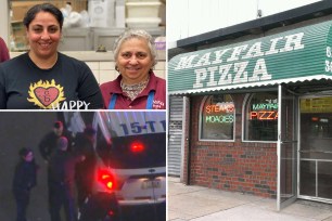 Stacy and her mother Asimina Karasavas (top left) crime scene outside Mayfair Pizza (bottom left) Mayfair Pizza shop exterior (right)