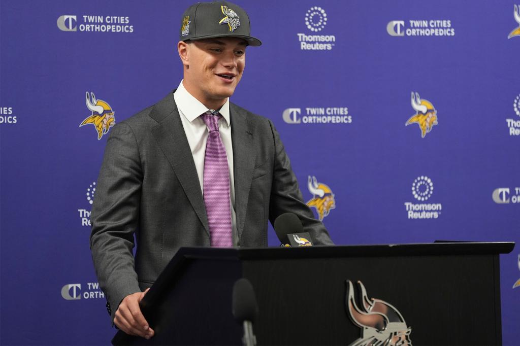 J.J. McCarthy speaks at his introductory press conference for the Vikings on April 26, 2024.