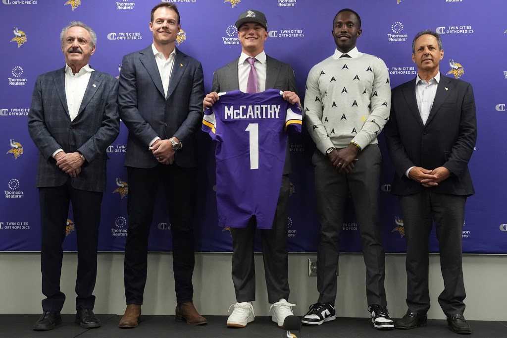 (From left) Vikings owner Zygi Wilf, head coach Kevin O'Connell, quarterback J.J. McCarthy, general manager Kwesi Adofo-Mensah and owner Mark Wilf.
