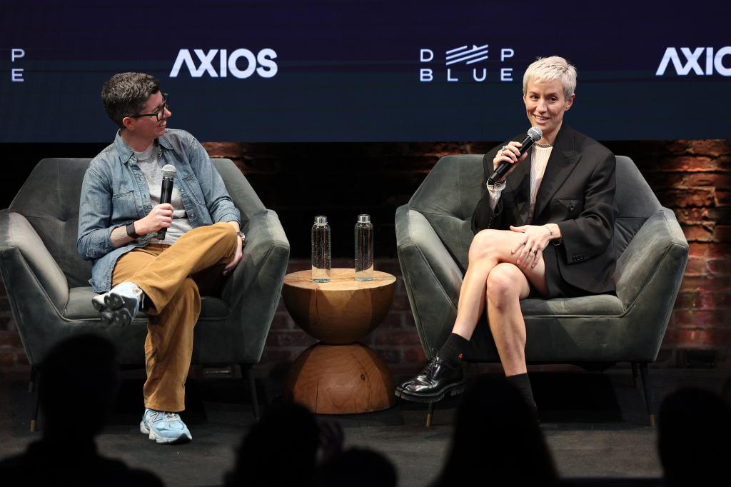 Meg Linehan, Senior Writer, The Athletic and Megan Rapinoe, soccer legend and Co-Founder of A Touch More speak during the Business of Women Sport Summit presented by Deep Blue Sports and Axios at Chelsea Factory on April 23, 2024 in New York City. 