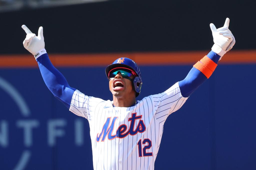 Francisco Lindor celebrates his double Sunday against the Royals.