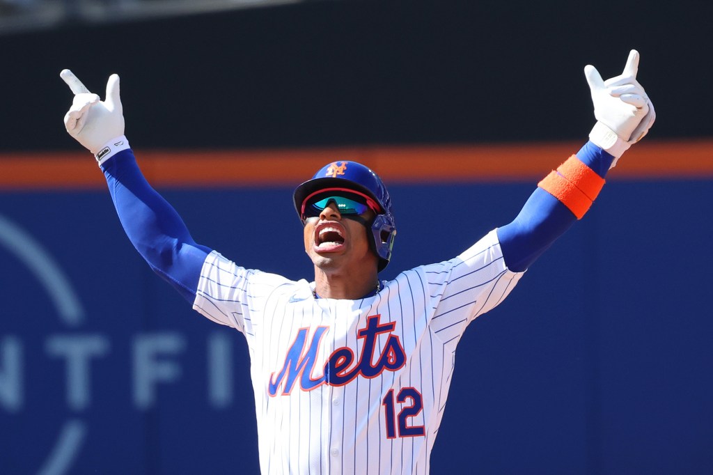 Francisco Lindor celebrates his double Sunday against the Royals.