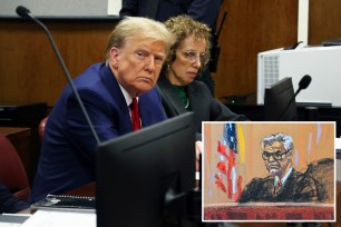Former U.S. President Donald Trump appears with his lawyer Susan Necheles for a pre-trial hearing in a hush money case in criminal court on March 25, 2024 in New York City.