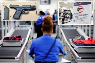 A TSA agent watching security lines, main. A gun, left inset. A sign telling passengers firearms are not permitted pass security, right inset.