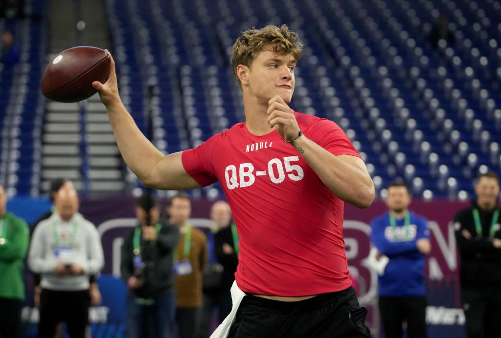 Michigan quarterback J J McCarthy (QB05) during the 2024 NFL Combine at Lucas Oil Stadium on March 2, 2024.   