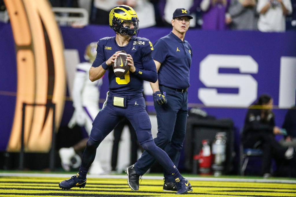 Michigan quarterback J.J. McCarthy warms up before the national championship game at NRG Stadium in Houston on Monday, Jan. 8, 2024.