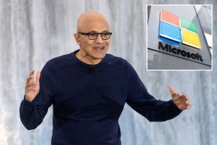Microsoft CEO Satya Nadella and Microsoft logo