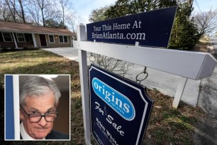 Home for sale sign and Fed Chair Jerome Powell