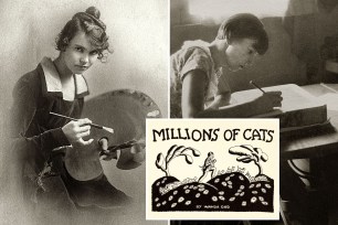 composite image of nyc artist wanda gag with an inset of the cover of millions of cast