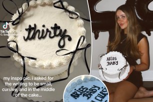 Woman holding a birthday cake from Walmart with unexpected frosting text misinterpretation