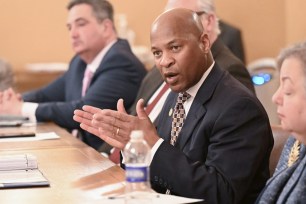 New York State Police nominee, Steven James, giving testimony to the Committee on Finance in Albany, N.Y.