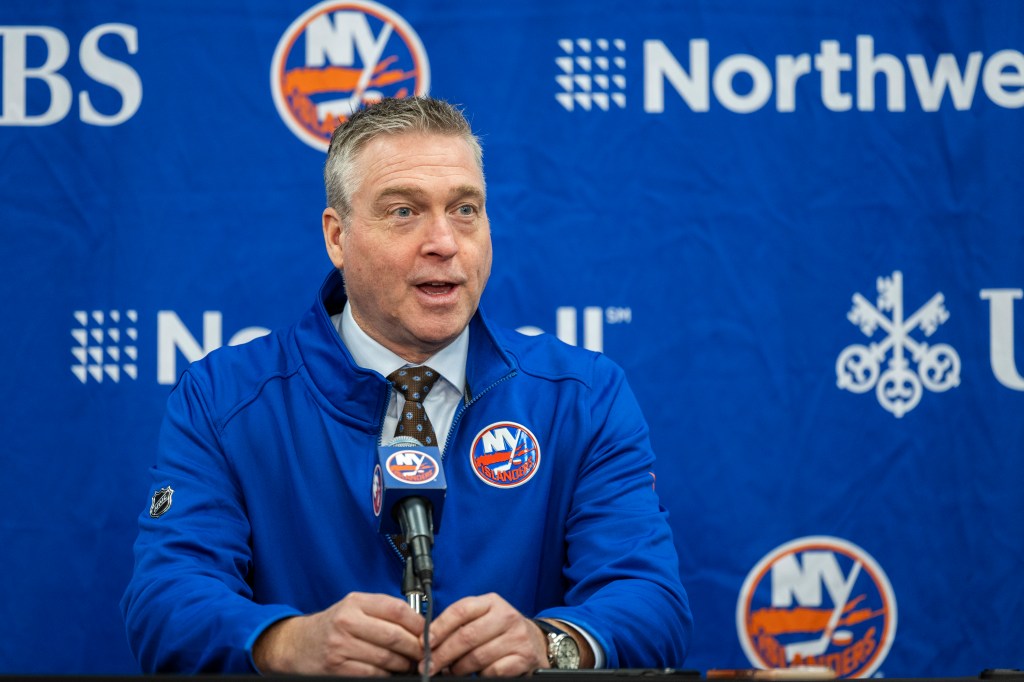 Islanders head coach Patrick Roy speaks to the media before a game against the Chicago Blackhawks