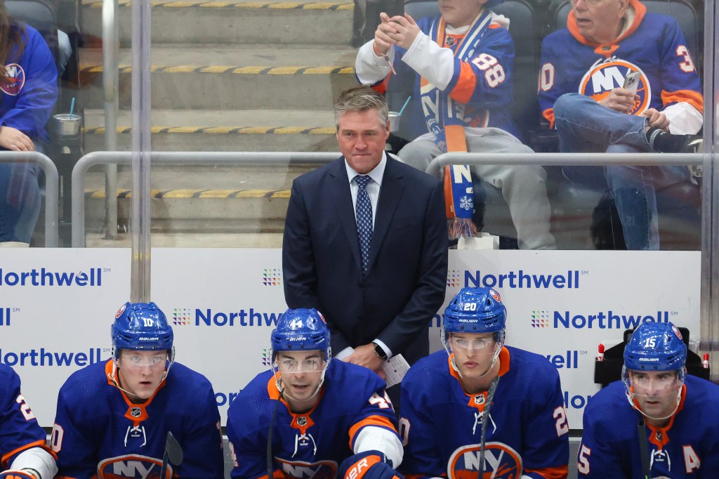 Islanders new head coach Patrick Roy behind the bench.