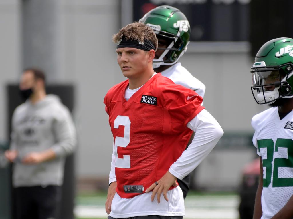 Jets first-round draft pick Zach Wilson works out during NFL football rookie camp