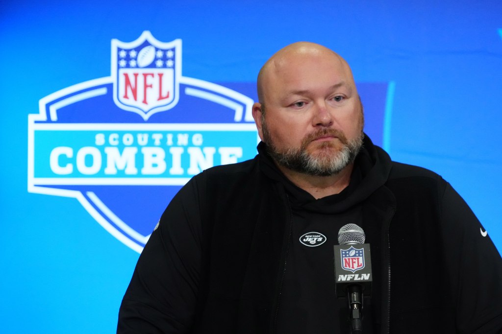 Jets general manager Joe Douglas speaks at a press conference at the NFL Scouting Combine