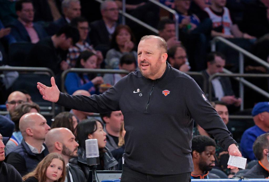 New York Knicks head coach Tom Thibodeau in black jacket, reacting on the sideline during the game against Sacramento Kings at Madison Square Garden