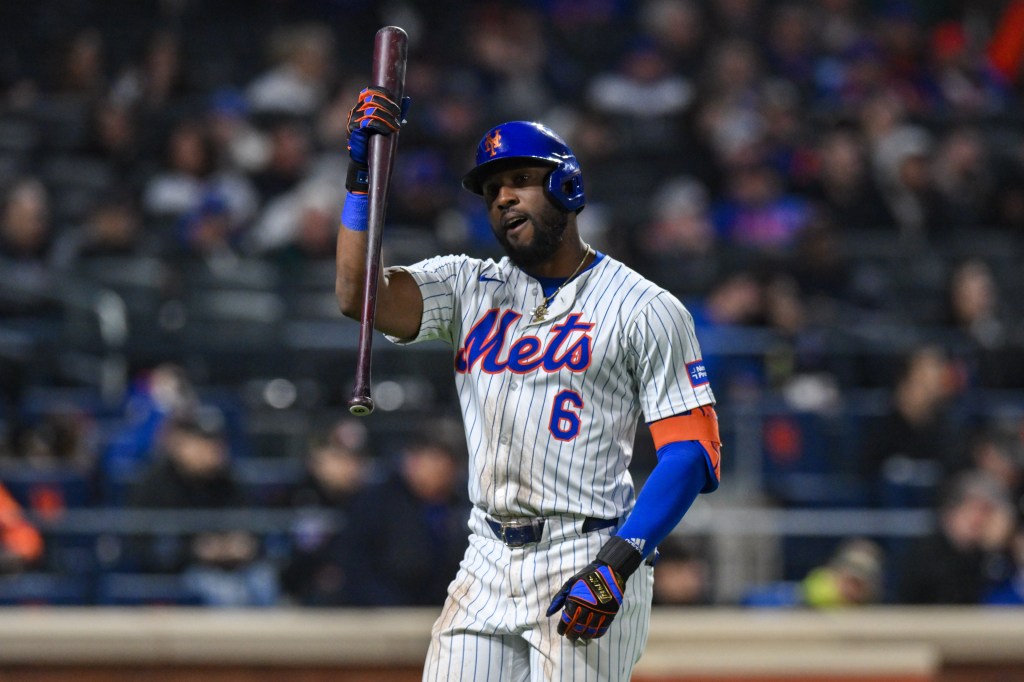 ets right fielder Starling Marte (6) reacts during the fourth inning against the Detroit Tigers