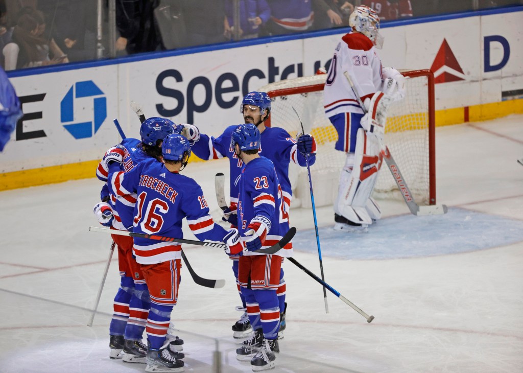 The Rangers celebrate during their win over the Canadiens on April 7, 2024.