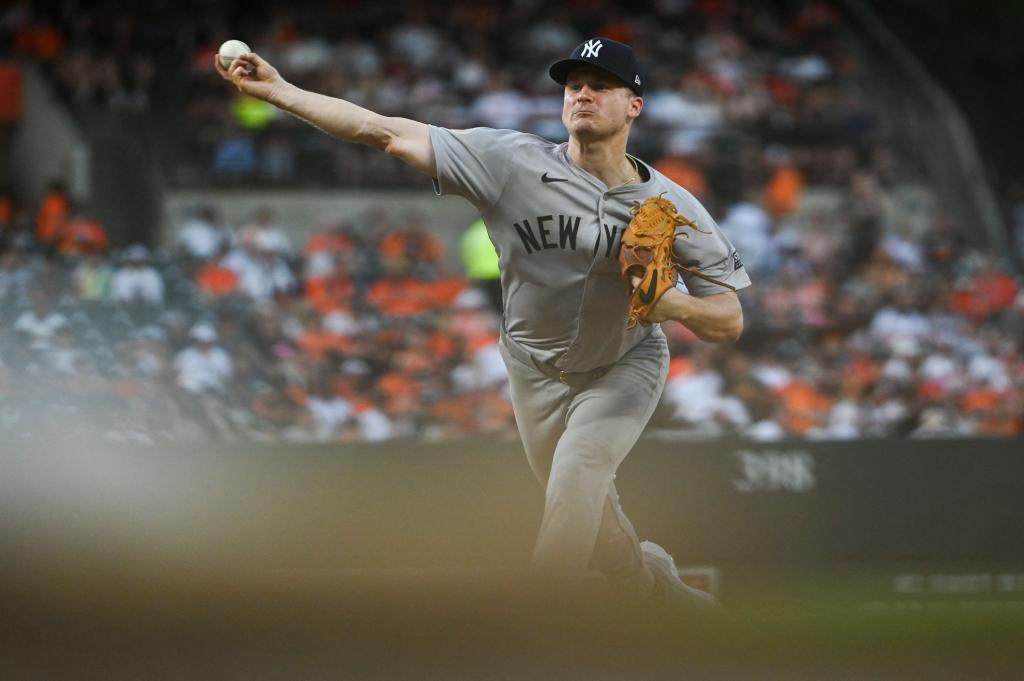 Yankees pitcher Clarke Schmidt (36) throws a third inning pitch against the Baltimore Orioles