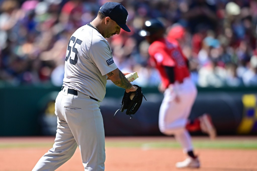 Nestor Cortes waits for Cleveland Guardians' Gabriel Arias to run the bases after hitting a solo home run in the fifth inning.