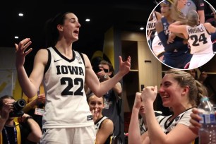 Caitlin Clark celebrates with her teammates after Iowa's 71-69 Final Four win over UConn. The Hawkeyes got some help when the Huskies' Aaliyah Edwards (inset) was called for an illegal screen in the final seconds.