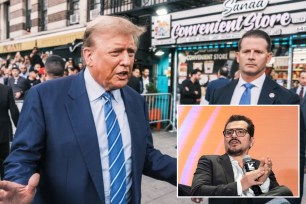 Collage image featuring Donald Trump in a suit and tie alongside John Leguizamo