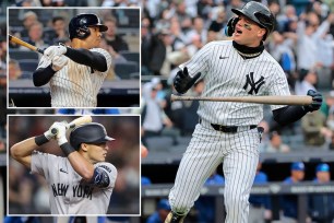 Alex Verdugo reacts after a Yankees at-bat; Juan Soto (top left) and Anthony Volpe (bottom left) at the plate.