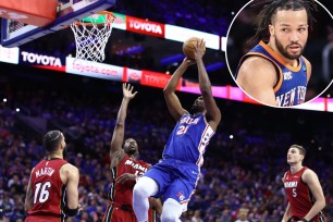 Jalen Brunson (inset) and the Knicks will be facing Joel Embiid, putting up a shot, and the 76ers in the first round of the NBA playoffs after Philadelphia beat Miami in a play-in game on Tuesday night.