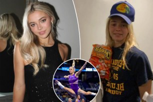 The star LSU gymnast shared a recent post on TikTok that featured a photo of her glammed up while wearing a sparkling black dress — and another snap of her sporting a Bass Pro Shop hat and baggy t-shirt while holding a bag of Cheetos. 