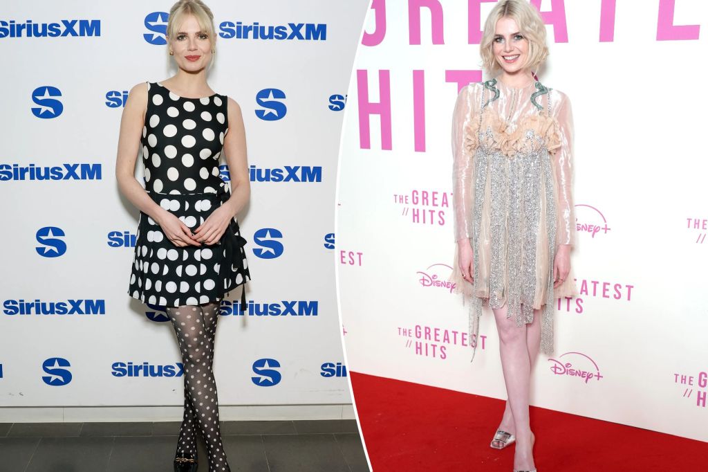 Side-by-side of Boynton in two looks: Wearing Lauren Perrin at SiriusXM, a polka dot black-and-white dress with polka dot tights, and wearing Jean Paul Gaultier by SImone Rocha at "The Greatest Hits" London premiere, a pale peach dress with silver accents.