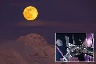 A moon over a snowy mountain, symbolizing NASA's effort to develop a standard time for the Moon and other planets.