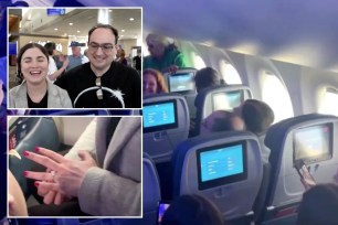 Neil Albstein and Michele Rosenblatt on the airplane, main. Them smiling at the Detroit airport, upper left. Her ring, lower left. 