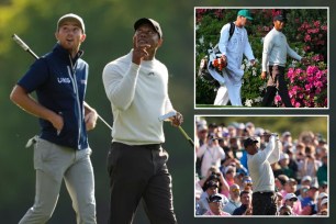 Tiger Woods and Will Zalatoris during Masters practice round