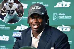 Olu Fashanu was introduced at the Jets' facility Friday after getting selected in the first round of the 2024 NFL Draft.