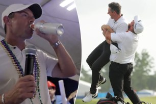 Rory McIlroy chugs a beer during a karaoke session after winning Zurich Classic with Shane Lowry.