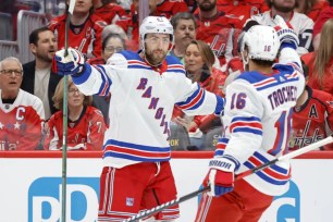 Barclay Goodrow (left) celebrates with Vincent Trocheck after scoring a short-handed goal during the Rangers' 3-1 Game 3 win over the Capitals.