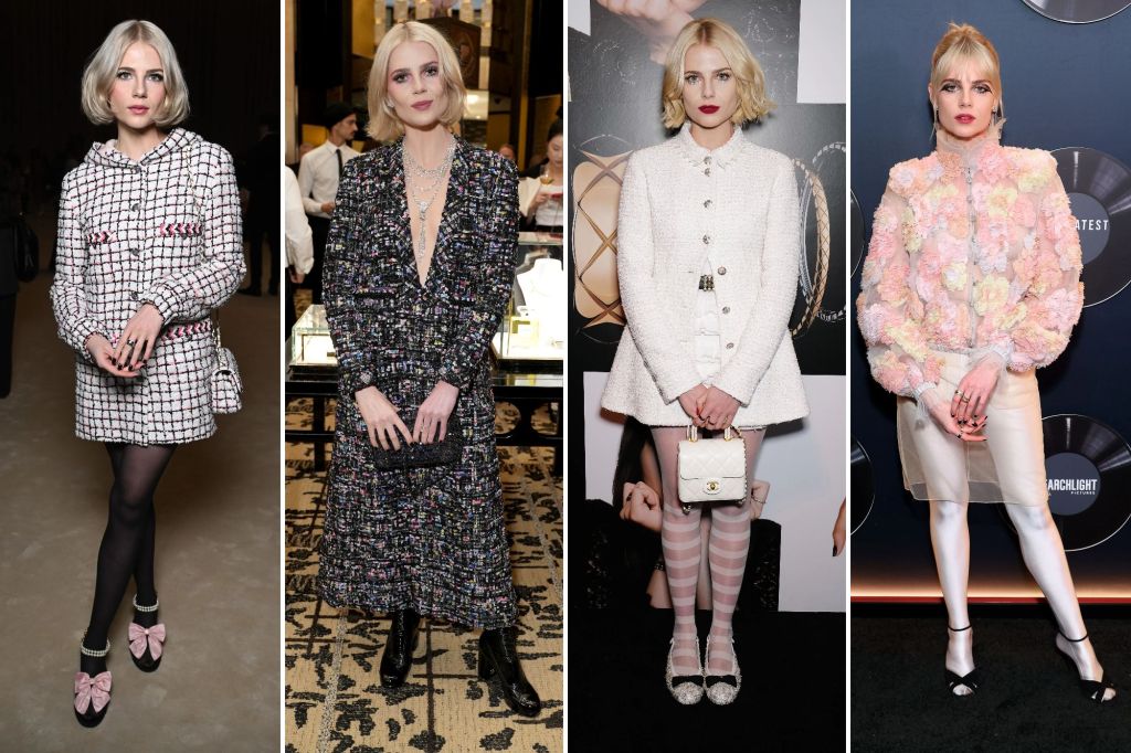 Collage of four Lucy Boynton looks, all Chanel. A plaid black-and-white set, a long black dress with rainbow tweed details, a white set with striped tights, and a large pink floral jacket with a white skirt and matching tights.