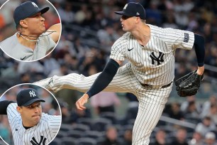 Clay Holmes pitches for the Yankees; insets: Victor Gonzalez, Tommy Kahnle