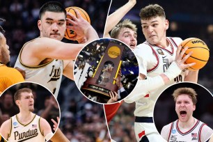 Zach Edey, national championship trophy, Donovan Clingan, Cam Spencer, Braden Smith