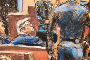 A drawing of a man sitting in a courtroom