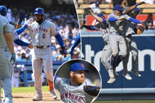 Starling Marte (left) and right (far-right, celebrating with Brandon Nimmo (center) and Harrison Bader (left) belted a key three-run homer in the Mets' 6-4 win over the Dodgers. Reed Garrett (inset) picked up his first save in the win.