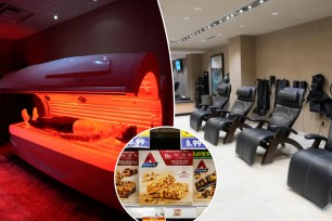 A tanning bed in a room with chairs and a sign