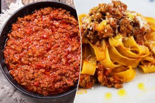 Collage of various foods with overlay text discussing a particular ingredient's suitability for Bolognese sauce