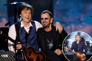 Collage of Paul McCartney and Ringo Starr performing with guitars and microphones