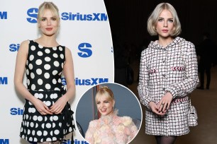 Collage of three pictures of Lucy Boynton: Wearing a polka dot dress, wearing a floral Chanel jacket and wearing a plaid mini skirt set.