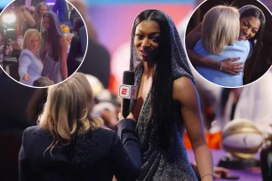 Angel Reese hugs Kim Mulkey at WNBA Draft after being selected by the Chicago Sky.