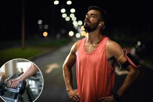 Man breathing heavily after a nighttime workout